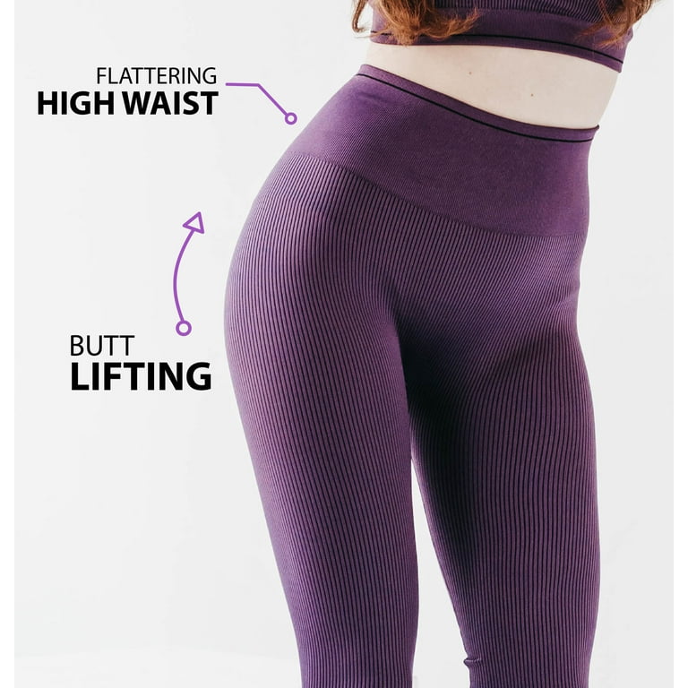 Rib Leggings High Waist Soft Ribbed Seamless Push Up Squat Proof Yoga Pants  - Brown / S