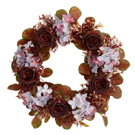 Nearly Natural Plastic All Occasion Fall Hydrangea Rose Autumn Artificial Wreath, 22" (Multicolor)