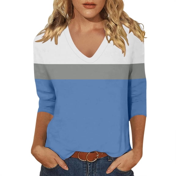 CONZONE Womens Summer T-Shirts 3/4 Sleeve T Shirts for Women Casual V Neck Patchwork Color Lightweight Tees Soft Cozy Dailywear