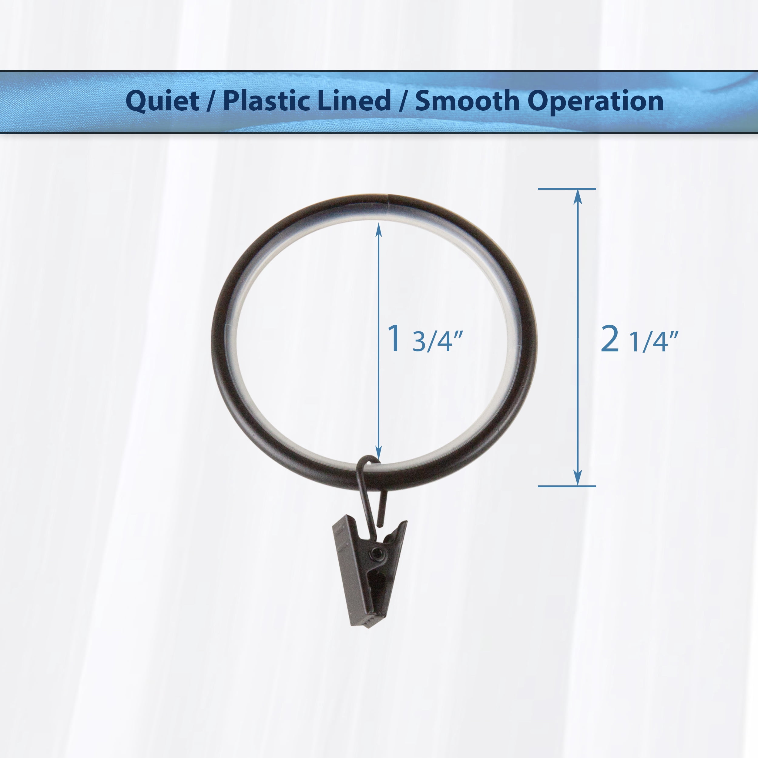 PlusCasa Noise-Canceling 1-3/4 inch Black Curtain Rings with Clips (10 Count)