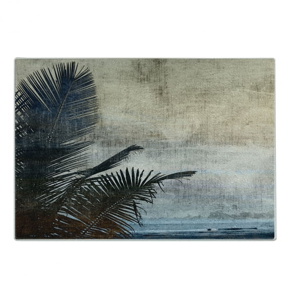 Hawaiian Cutting Board, Palm Tree Leaves on Grunge Background with Sea Vintage Waterscape Illustration, Decorative Tempered Glass Cutting and Serving Board, Small Size, Beige Navy, by Ambesonne