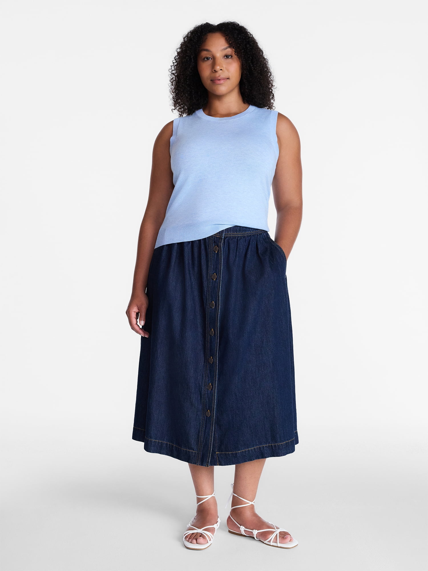 Time and Tru Women's Button Front Denim Midi Skirt, Sizes XS – XXXL