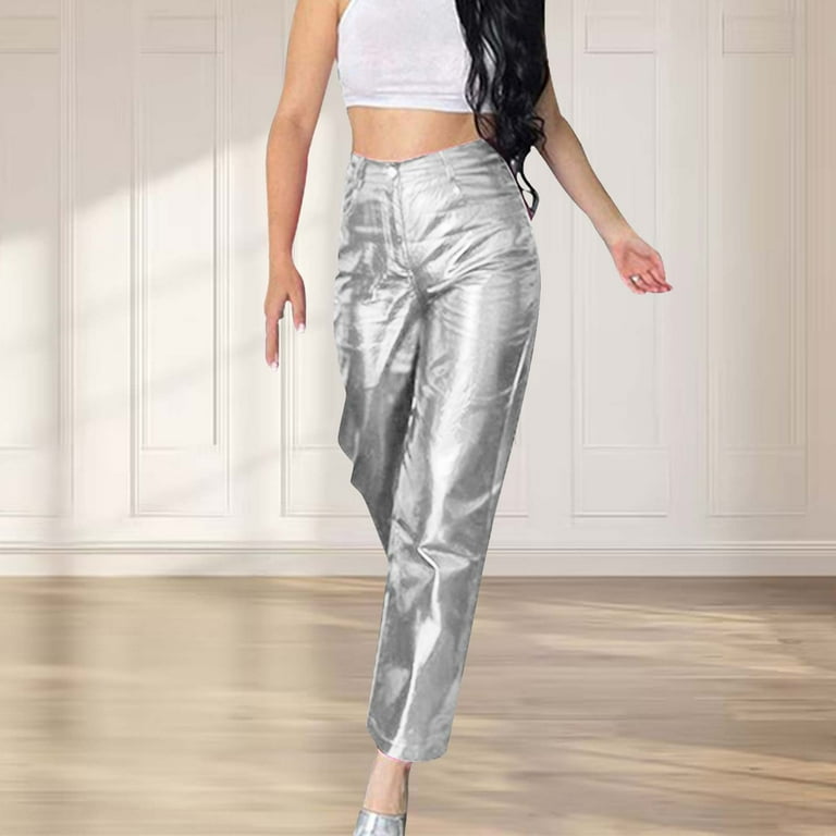 XFLWAM Women's Shiny Metallic Pants Straight Leg Faux Leather High