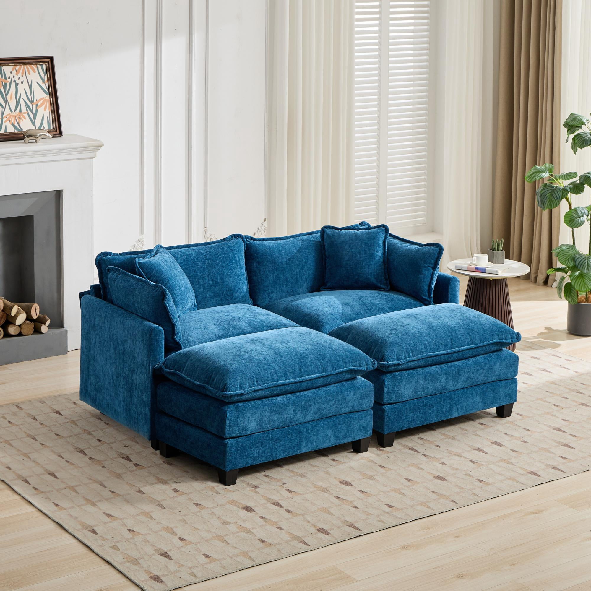 Cloud Sofa Ottoman Only, Modern Modular Sectional Ottoman, Breathable Chenille Fabric Upholstered Footrest with Double Layer Cushion, Accent Bench for Living Room Bedroom Apartment, Blue