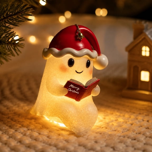 MYUNNIL Christmas Ghost Reading Book Lamp, 5.5" Cute Light up Warm LED Santa Hat Ghost Resin Statue Night Light for Mantel Bedroom Home Decor & Gift