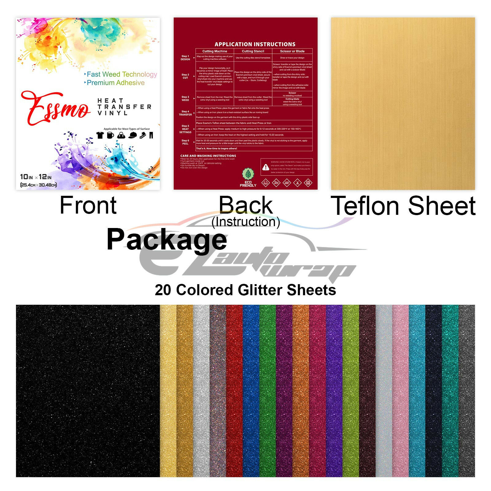 20Pcs 20 Colors Glitter Heat Transfer Vinyl 12"x10" T-Shirt HTV Bundle Pack Set