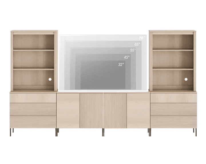 Modern Fluted TV Stand with Bookshelves for Tvs up to 75", Large Entertainment Center with Storage Cabinet, 10-Tier TV Console with Drawers and Adjustable Shelves For Living Room, Bedroom