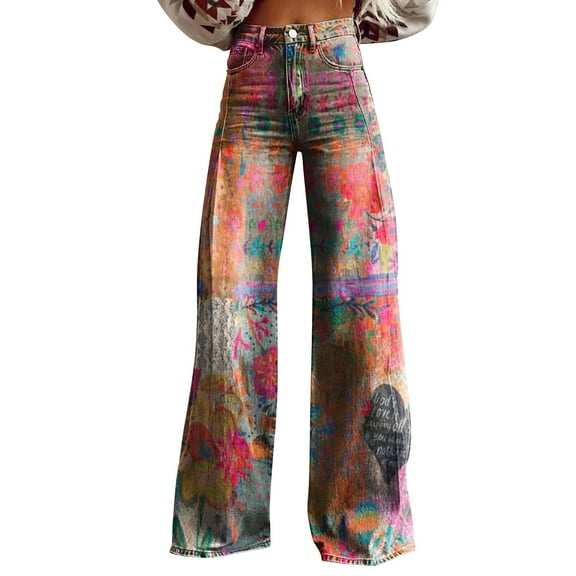 Women's Linen Pants 2025 New Summer Flower Wide Leg Pants Lightweight And Loose Casual Colorful Pants Imitation Jeans, Women's Casual Pants XL