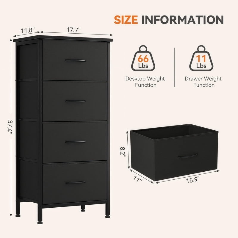 Kelno 4 Drawers Fabric Dresser Tall Chest of Drawers with Steel Frame Wood Top, Black