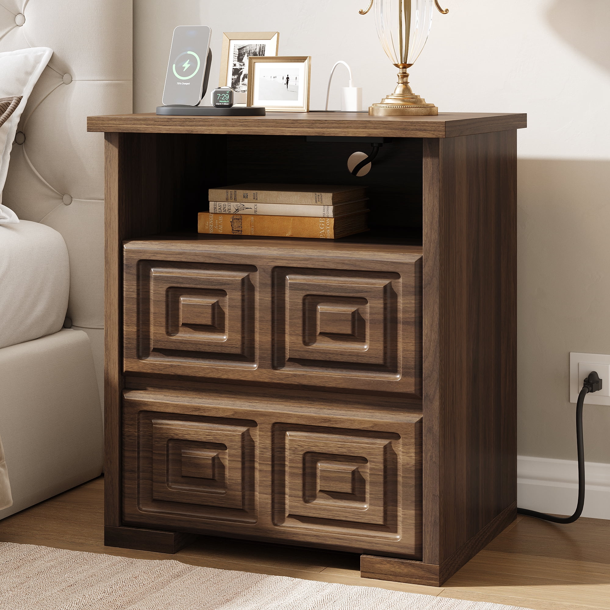LainTene Farmhouse 2-Drawer Nightstand, Rustic Sofa Side Table with USB & AC Outlets for Bedroom, End Tables for Living Room, Brown