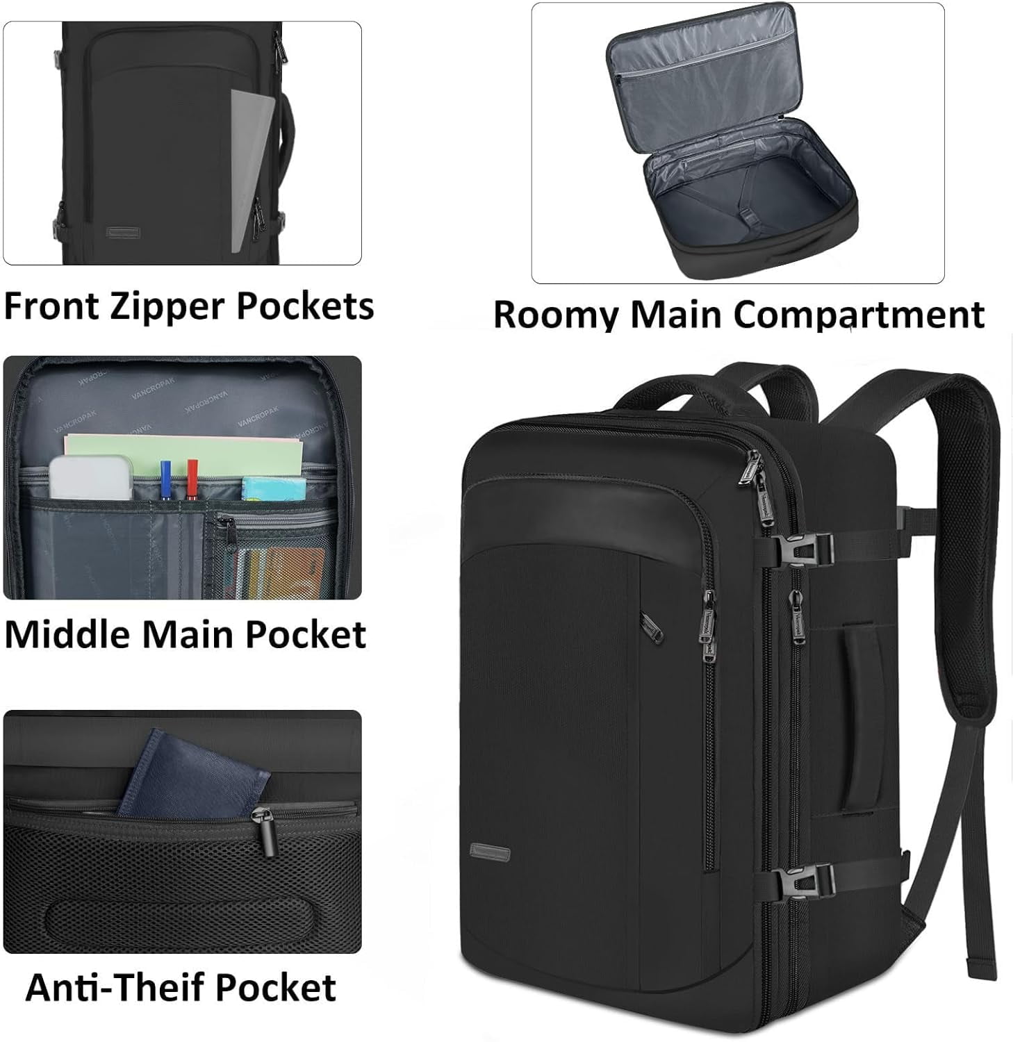 Vancropak Expandable Carry on Backpack for Men Women, 40L Airline Approved Travel Backpacks with 3 Packing Cubes, Black