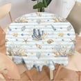 thumbnail image 2 of Beach Coastal Tablecloth, Rustic Striped Background Navy Blue Brown Seashells Coral Reefs Waterproof Fabric Farmhouse Tablecloths for Holiday Home Kitchen Dining Room, Round(60x60in), 2 of 6