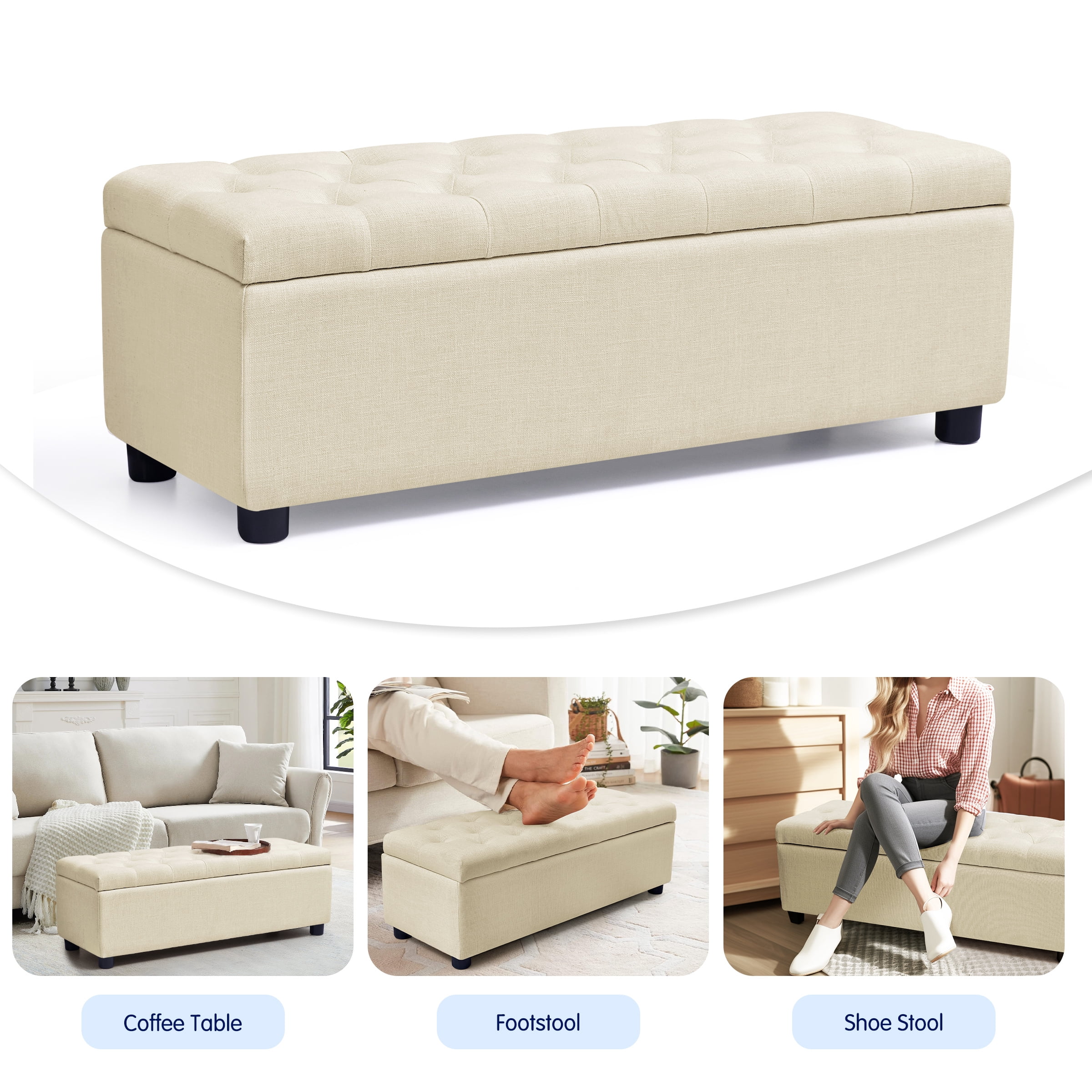 Subrtex Storage Ottoman Bench with Sturdy Plastic Legs with Foot Pads, 40.5" Linen Fabric Storage Bench End of Bed Stool for Bedroom, Beige