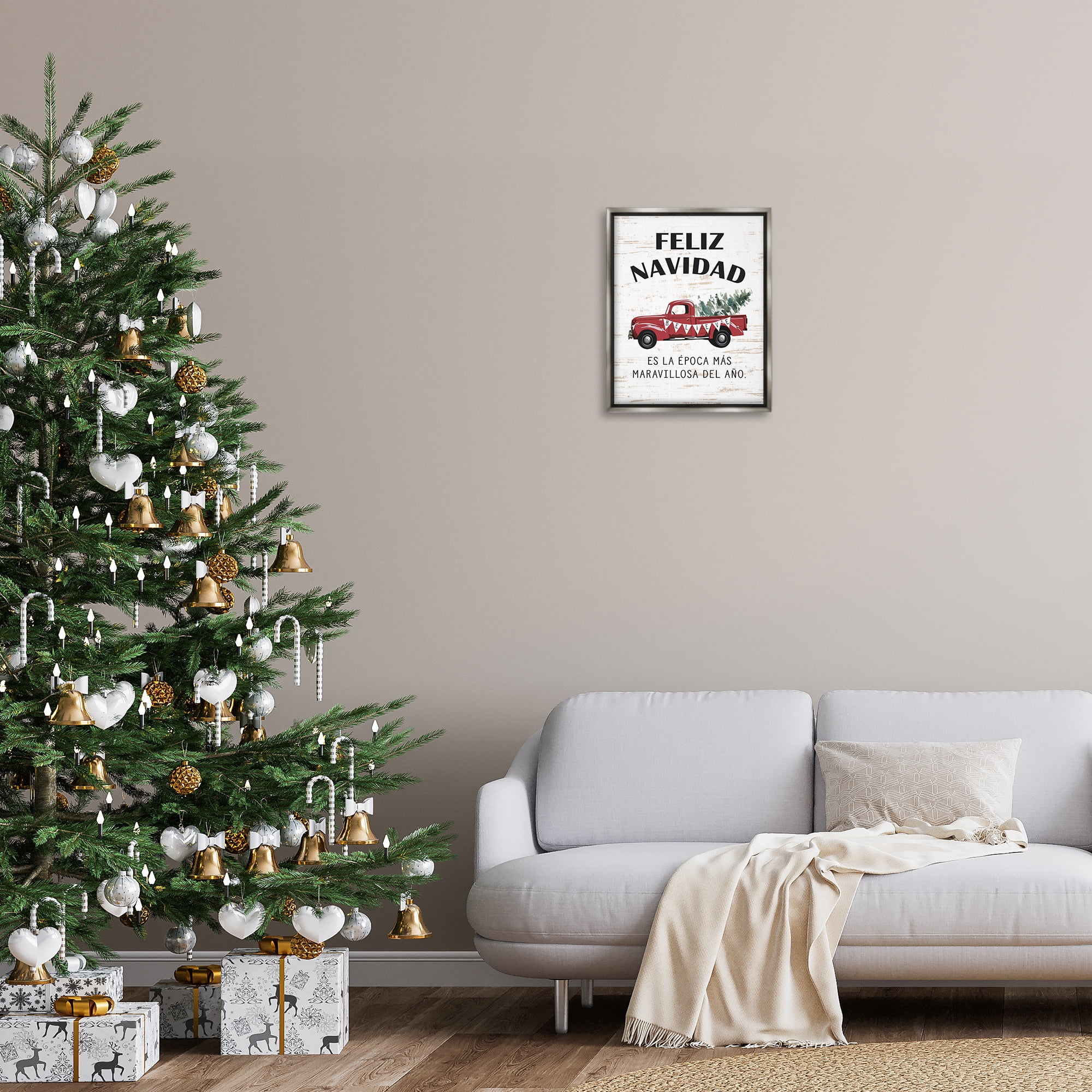 Stupell Industries Feliz Navidad Camioneta Roja Holiday Painting Gray Floater Framed Art Print Wall Art, 17 x 21