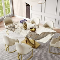 POVISON-70.87"Modern Luxe Rectangular Dining Table For 4, Gold Glossy Sintered Stone Tabletop, X-Shape Titanium Stainless Steel Base