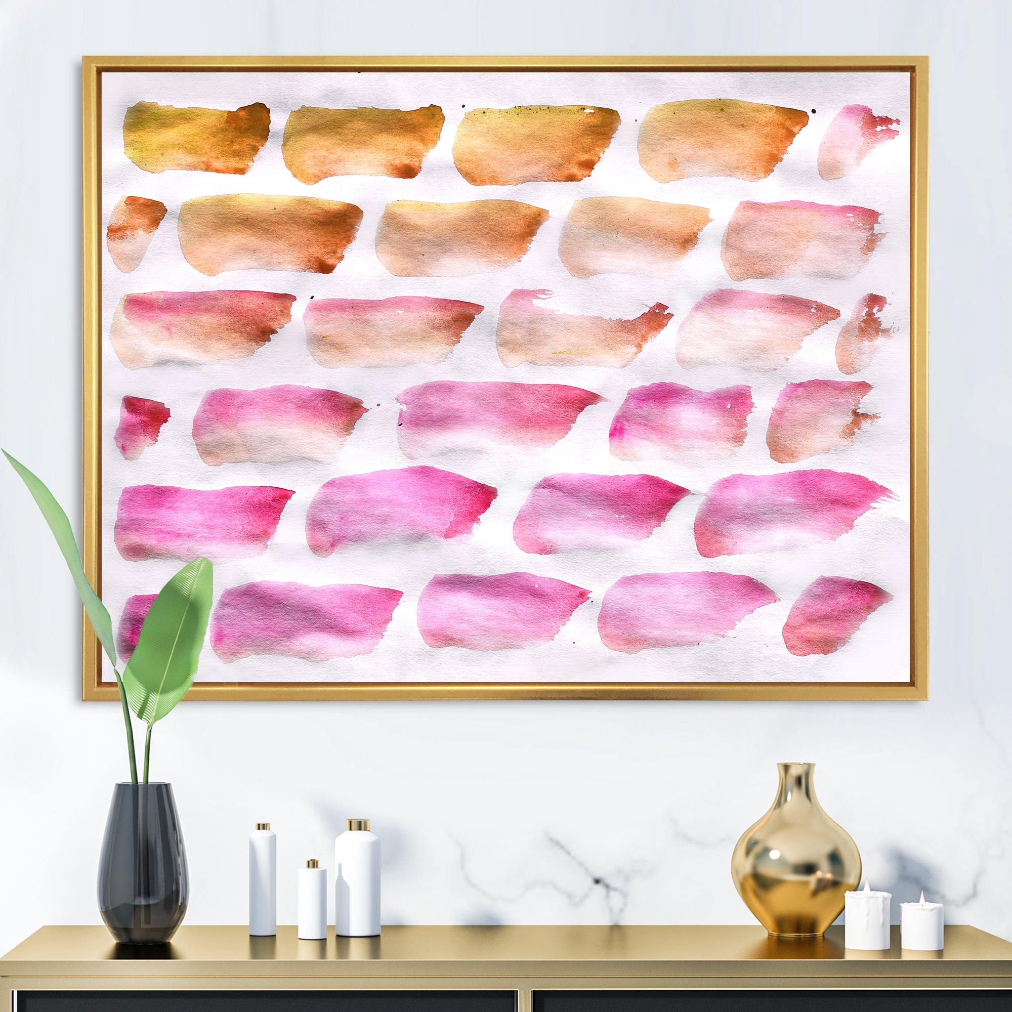 Dark Yellow and Pink Abstracts Brushes 32 in x 24 in Framed Painting Canvas Art Print, by Designart