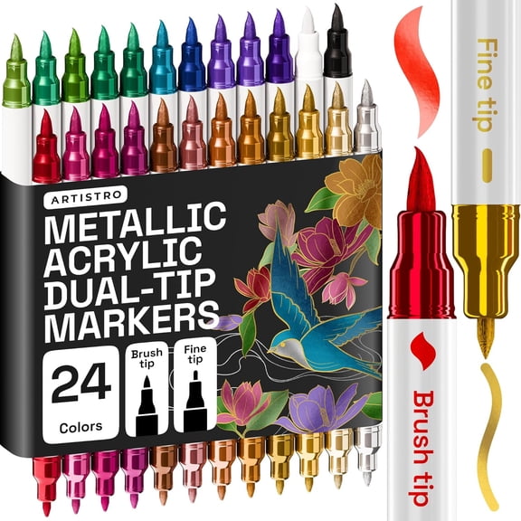 ARTISTRO 24 Metallic Acrylic Paint Markers - Paint Pens for Drawing, Brush   Fine Tips - For Fabric, Rock, Glass, Wood, DIY - Art & Craft Supplies for Adults, Teens, Kids - Teacher Appreciation Gift