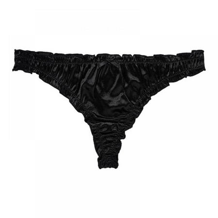 

1Pc Women s Satin Thong Panties Low-Waist Ruffle Milk Silk G-string Panties Frilly Thongs Underwear Ladies Underpants Black M