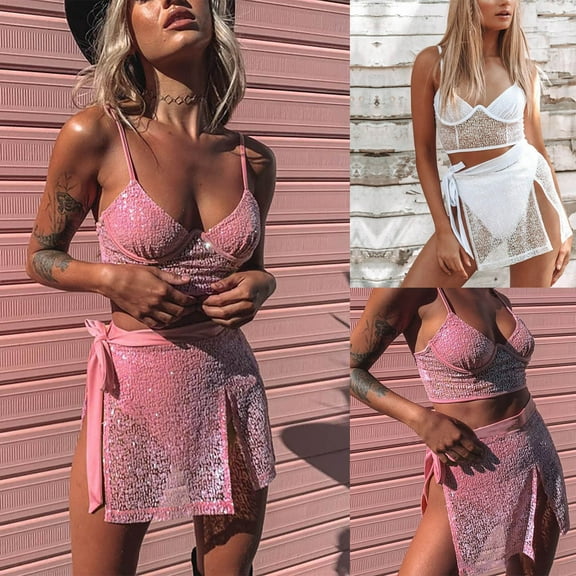Spring Fashion Savings AXXD Swim Suits Cover Up for Women 2024 Sheer Cover Up Sexy V Neck Beach Solid Sequins Bandage Slimming Hem Two-Piece Skirt