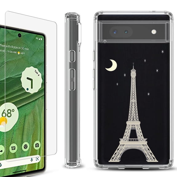 Shockproof Bumper Phone Case for Google Pixel 6a, with Tempered Glass Screen Protector, by OneToughShield ® - Eiffel Tower Moon