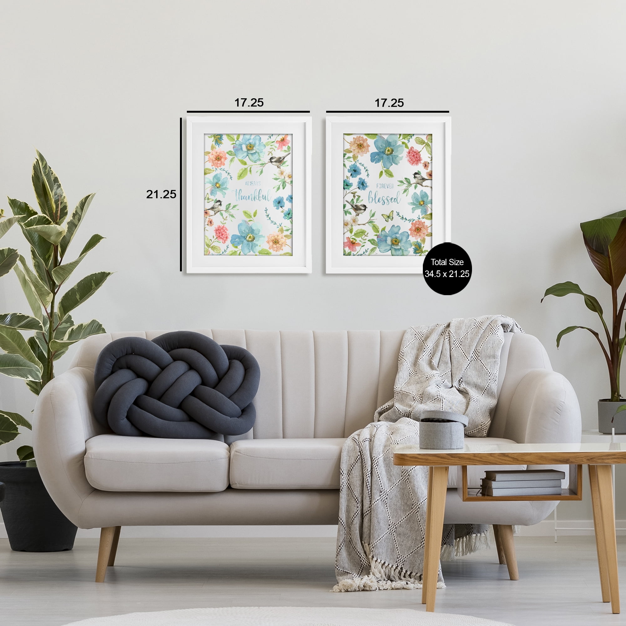 Stupell Industries Pink & Blue Gratitude Blooms 2 Piece White Framed Print Under Glass Set, design by Nan