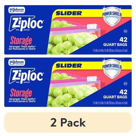 (2 pack) Ziploc® Brand Storage Slider Quart Bags, Power Shield™ Technology, Expandable Bottom, 42 Count