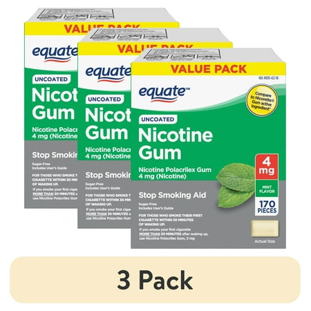 (3 pack) Equate Nicotine Uncoated Gum 4 mg, Stop Smoking Aid, Mint Flavor, 170 Count, Compare to Nicorette® Gum Active Ingredient