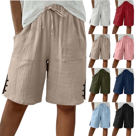 Feancey Womens Bermuda Shorts Summer Casual Wide Leg Knee Length Beach Shorts High Waisted Side Split Button Baggy Shorts with Pockets Red S