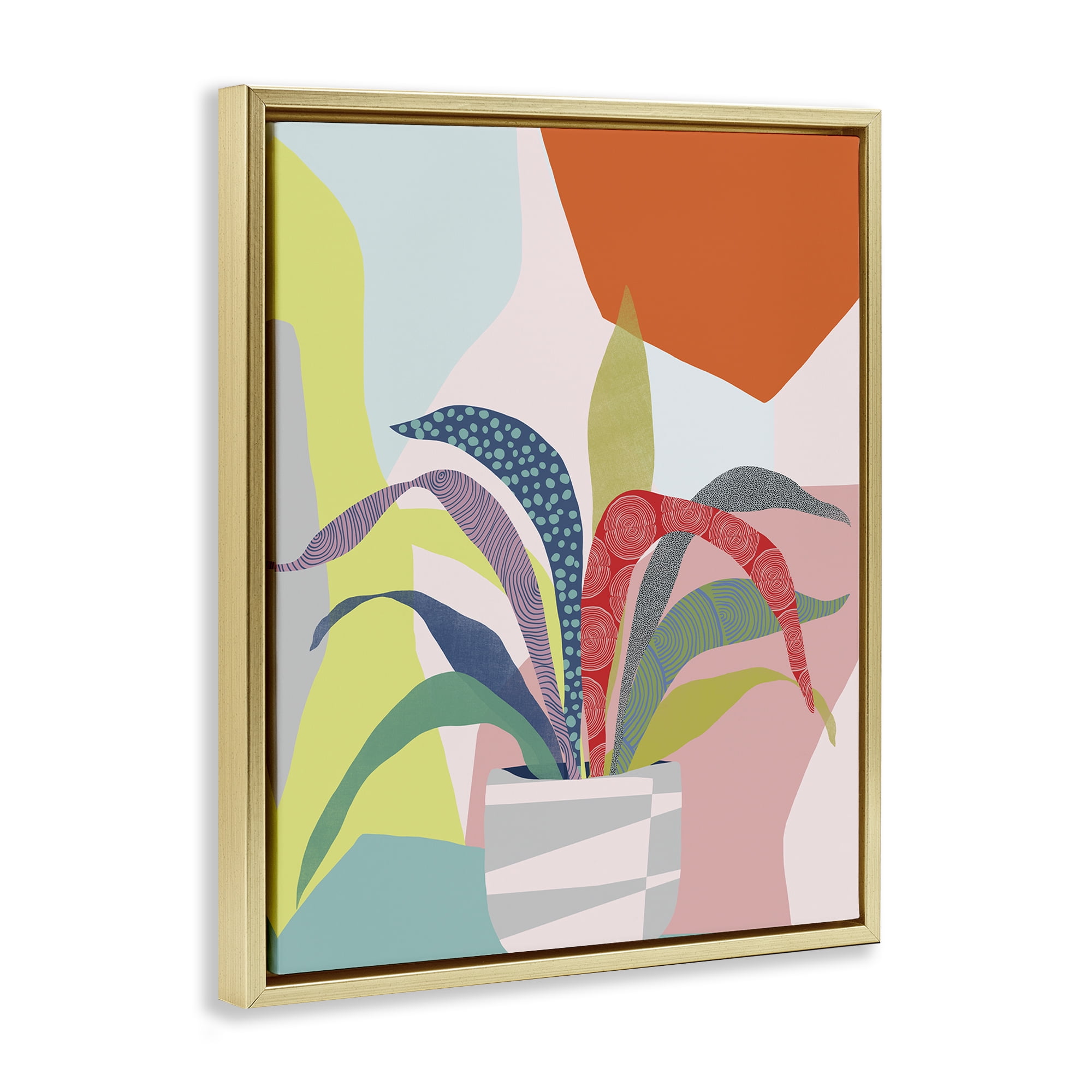 Stupell Industries Modern Geometric Plant Leaves Plants & Flowers Painting Gold Floater Framed Canvas Art Print Wall Art, 25 x 31