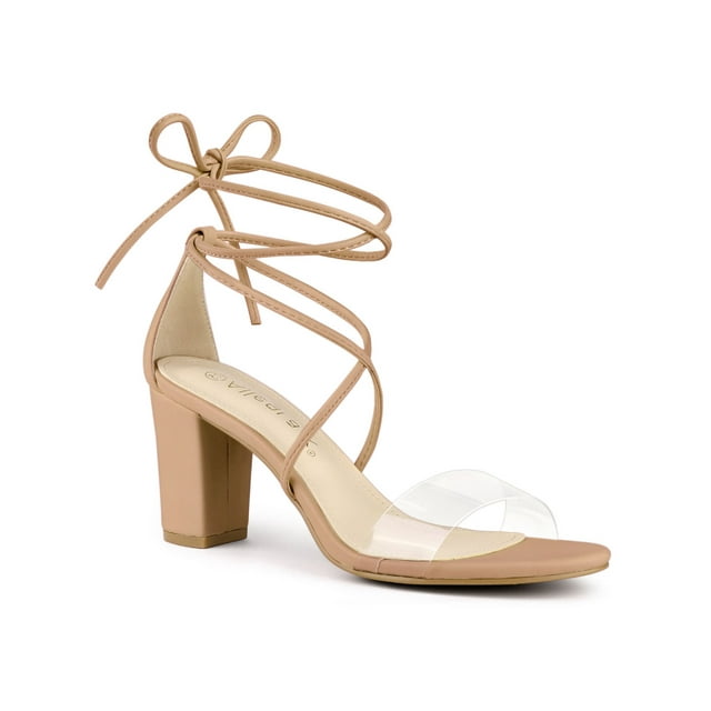 BLISSFUL STEP Sandales à Talon Bloc à Lacets pour Femme à Bride Transparente Couleur Chair (Taille 7)