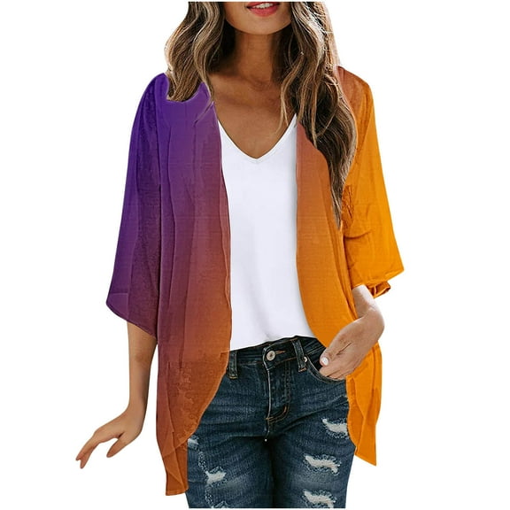 YUGYXL Women's Casual Kimono Cardigans Lightweight 3/4 Sleeve Chiffon Open Front Outwear Loose Gradient Color Capes Summer Hawaii Vacation Cover up Swimwear