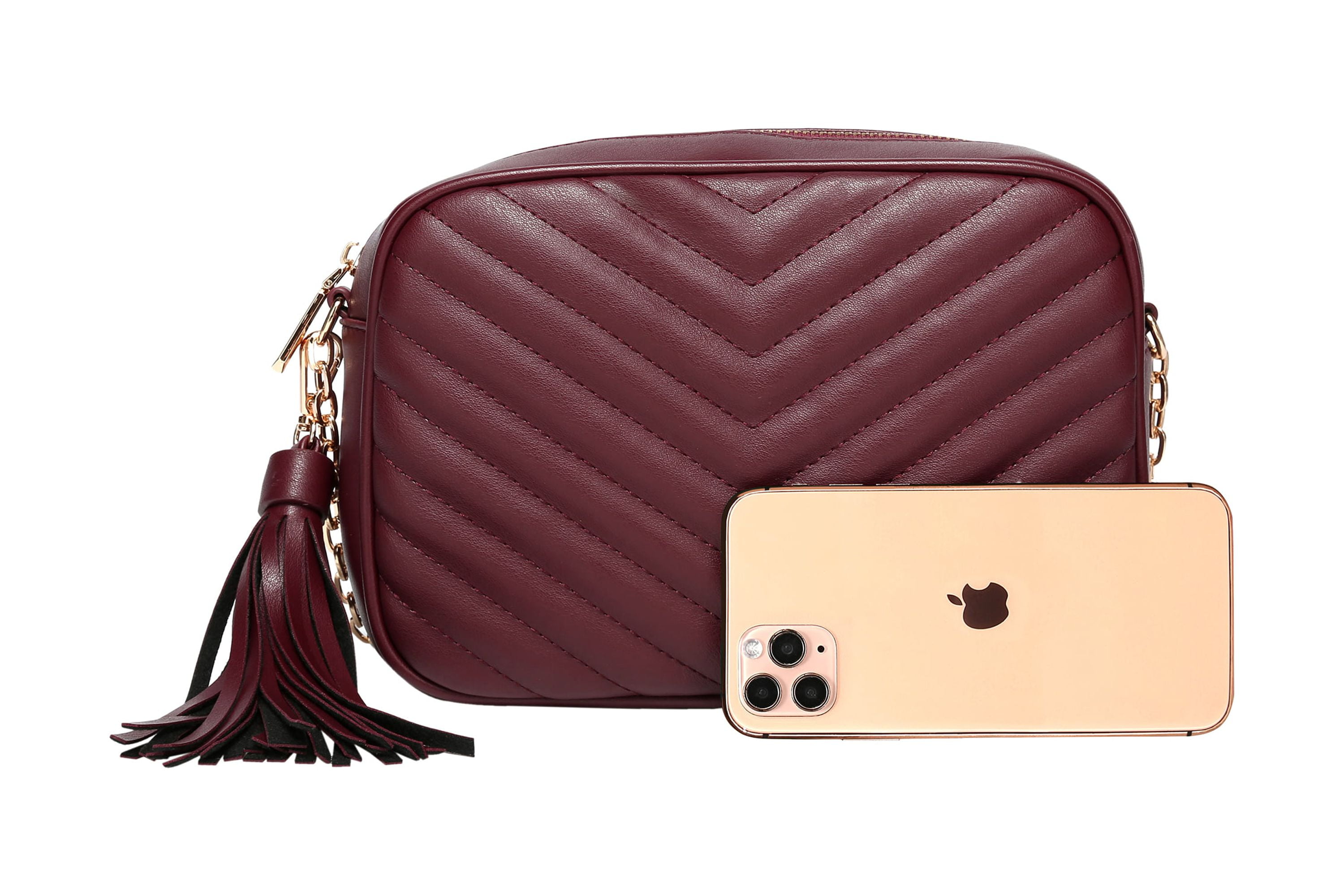 Daisy Rose Quilted Shoulder Cross body bag for Women with tassel - PU Vegan Leather - Burgundy