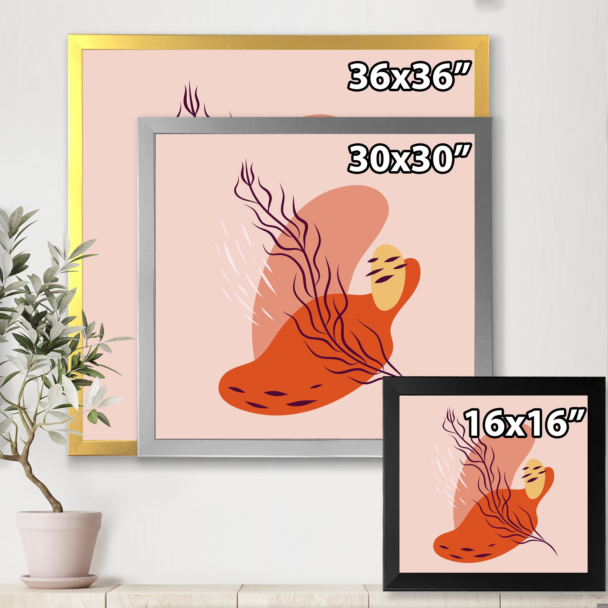 Abstract Warm Colors Spring Leaf 30 in x 30 in Framed Painting Canvas Art Print, by Designart