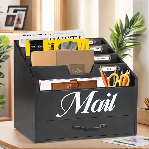 Desktop Mail Organizer With Drawer, Black Wood Mail Holder Sorter Organizer Holder, Countertop Desk Office Accessories Organizer For File Letter Paper Folder, Desktop Organizer