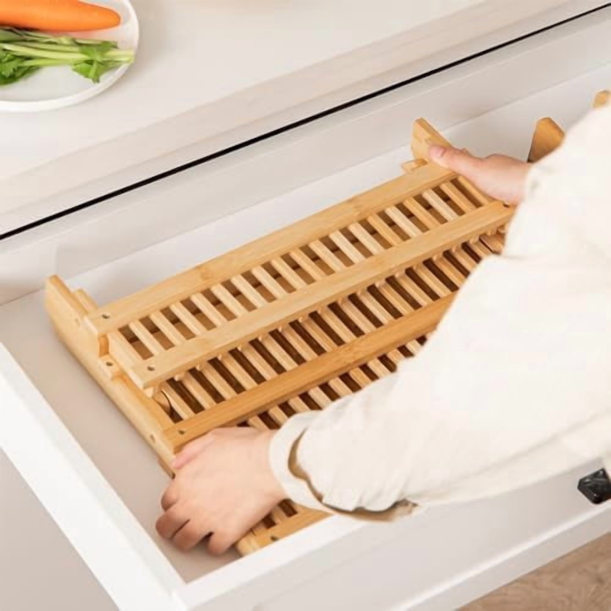 Bamboo Dish Drying Rack with Utensils Flatware Holder Set, 3-Tier Large Folding Drying Holder for Kitchen Counter, Collapsible Drainer