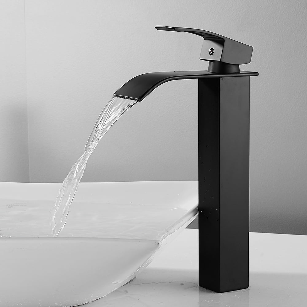 PHASAT Bathroom Tap Wall Mounted Waterfall Basin Mixer Taps Hot and Cold Water Concealed Bath Filler Tap Two Hole Widespread Black JH088B 