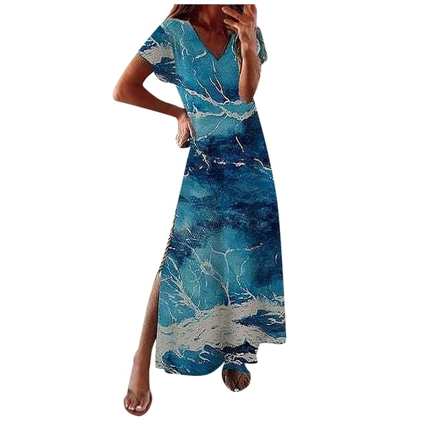Vestido largo de playa para mujer con estampado de verano bohemio de manga corta con volantes Pompotops ghjkhdj10895