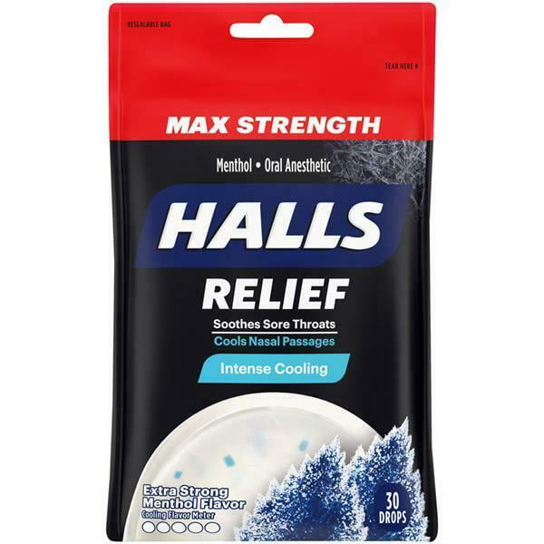 Halls Menthol Cough Drops Intense Cool Soothes Sore Throats 30 drops