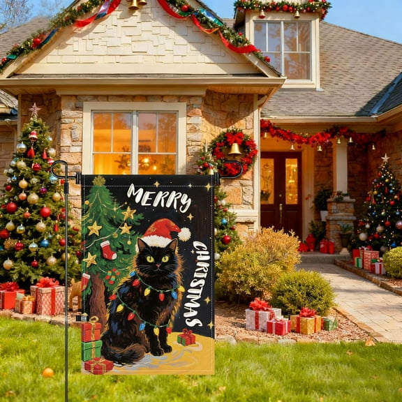 Merry Christmas Cat Garden Flag Black Cat Xmas Winter Yard Flag Small Mini Yard Lawn Outside Holiday Party Decoration Outdoor Christmas Decorations