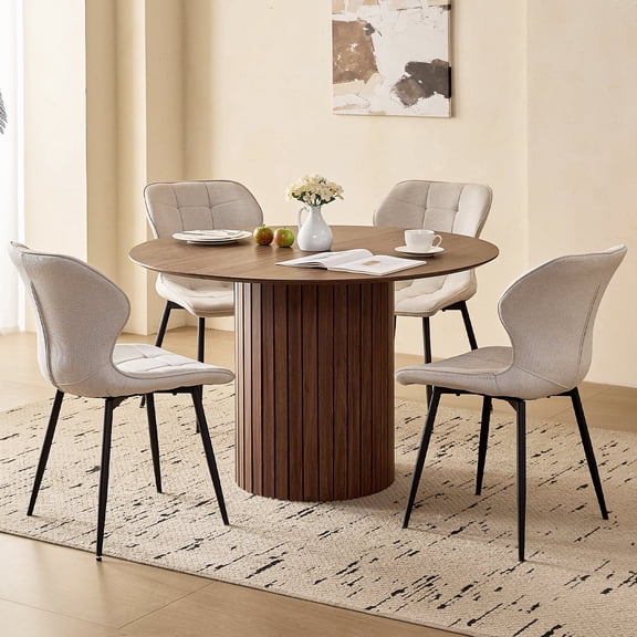 47" Round Dining Table Set of 4 Brown, White Water Resistant Fabric Dining Chairs Set of 4