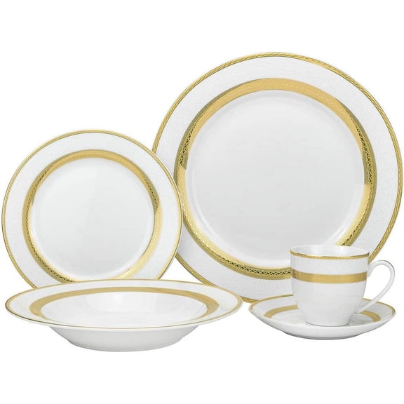 Royalty Porcelain "Queen" 20-Piece White & Gold Dinnerware Set, 24K Gold-Plated Fine Porcelain, Service for 4