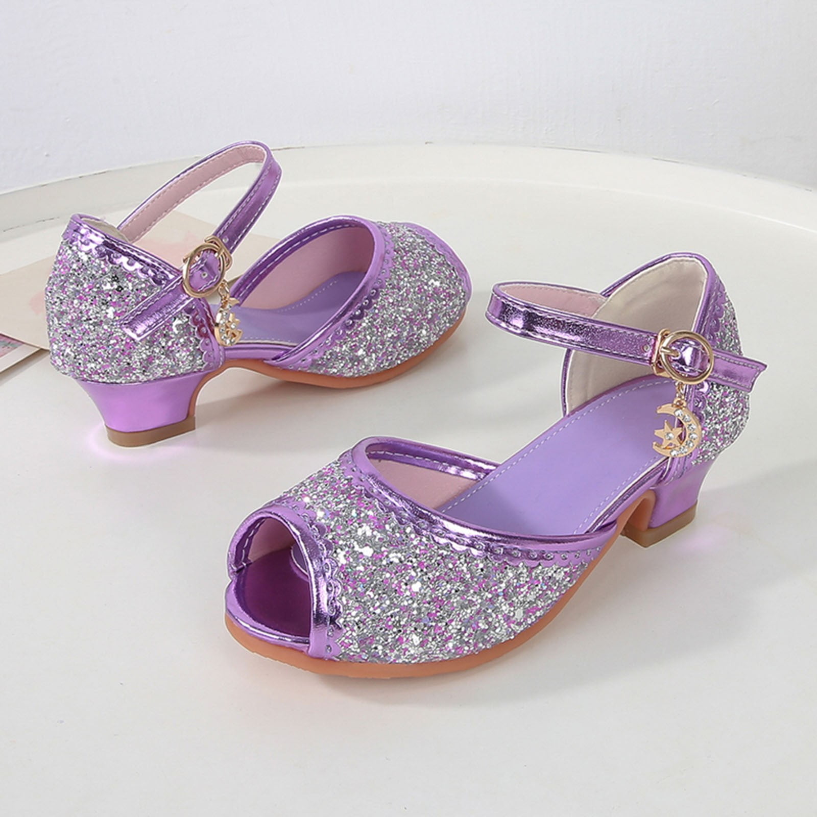 Gubotare Mary Jane Shoes with Low Heel Rhinestones Princess Flats Dress Pump Shoes for Little Kid/Big Kid (Purple,34)