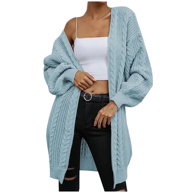 IROINID Women's Open Front Cardigans Sweater Solid Color Casual Mid-Long Long Sleeve Knitting Cable Sweaters Tops