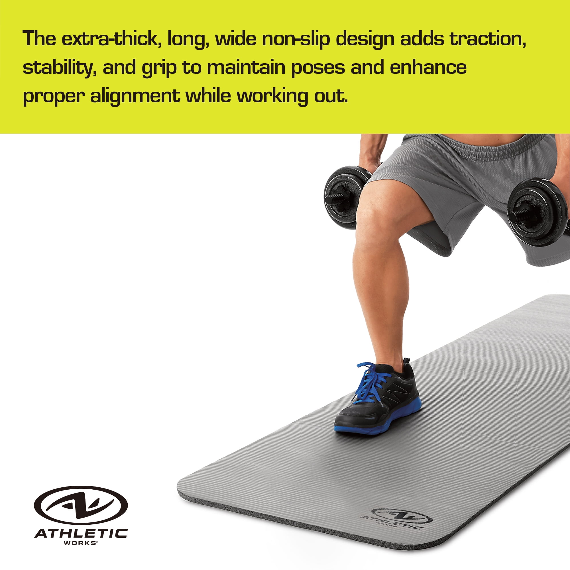 Athletic Works 12mm Fitness Mat, NBR Foam Gray Color, with Carry Strap, Size: 72inx23.5inx12mm