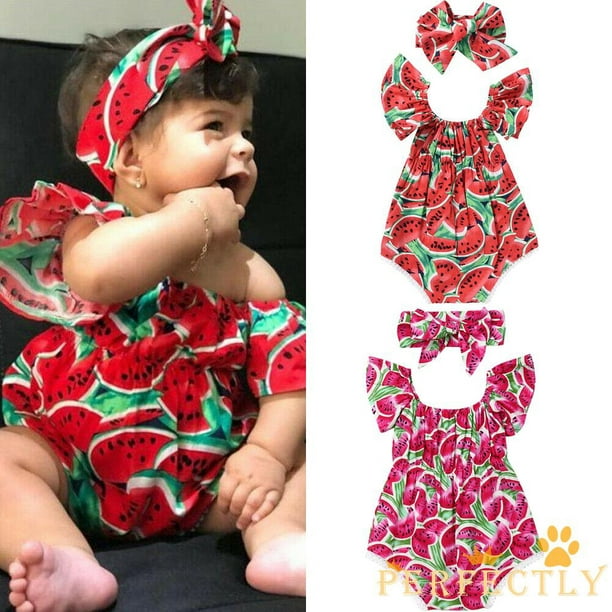 PFT 2PCS Bebe Recien Nacido Ninas Ropa De Verano Estampado De Sandia Mameluco Mono De Encaje Trajes De Pijama