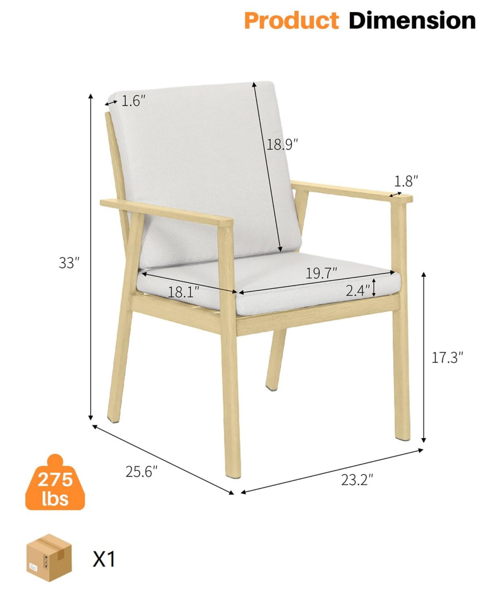 Outdoor Patio Dining Chairs Set of 4, Aluminum Outdoor Dining Chairs with Thick Cushions, All Weather Rustproof Patio Furniture for Garden, Deck, Porch, Poolside, Natural