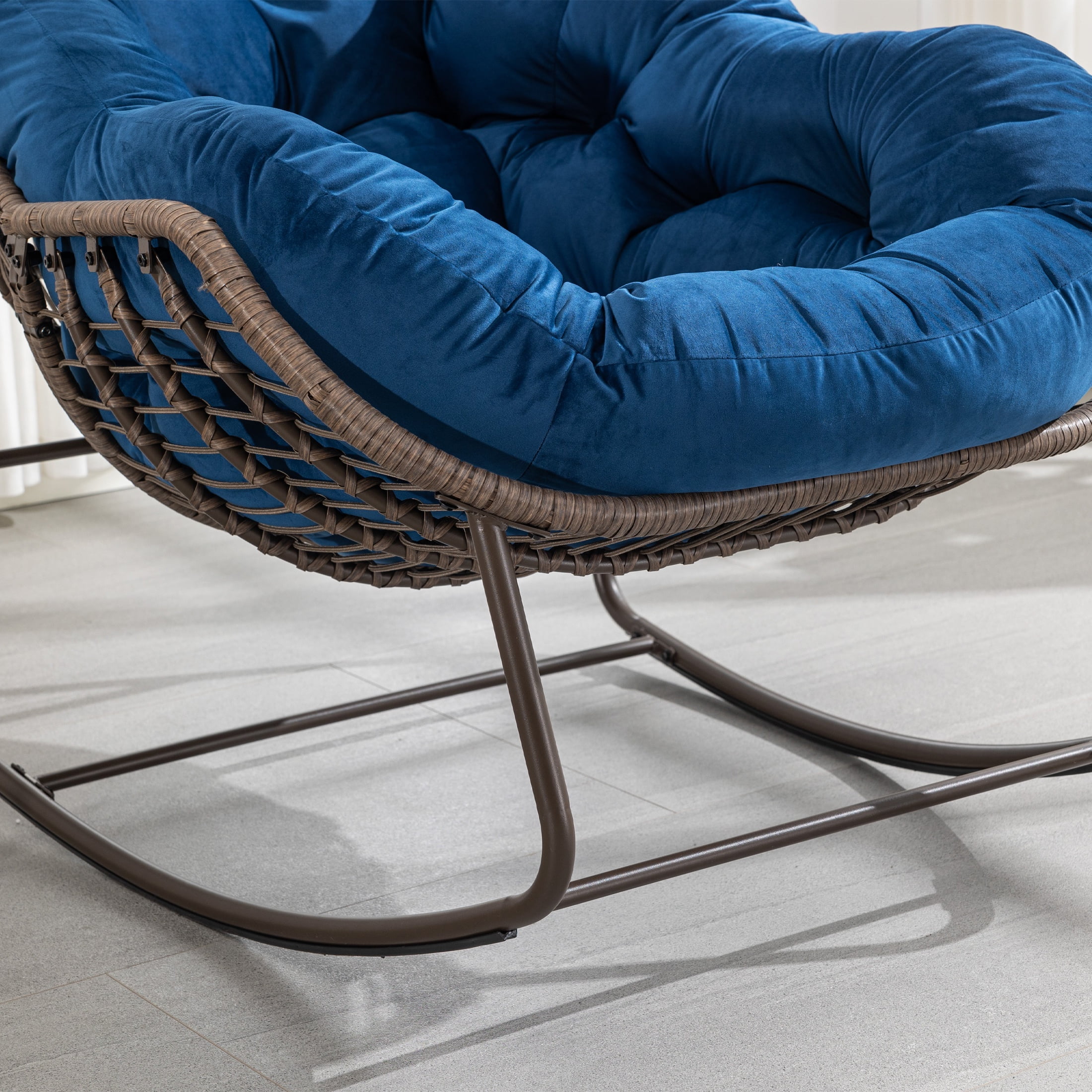 PORKISS Papasan Rocking Chair Indoor and Outdoor, Patio Rocker Recliner Chair with Padded Cushion, Modern Lounge Egg Chair with Steel, Rattan Frame, Velvet Navy Blue
