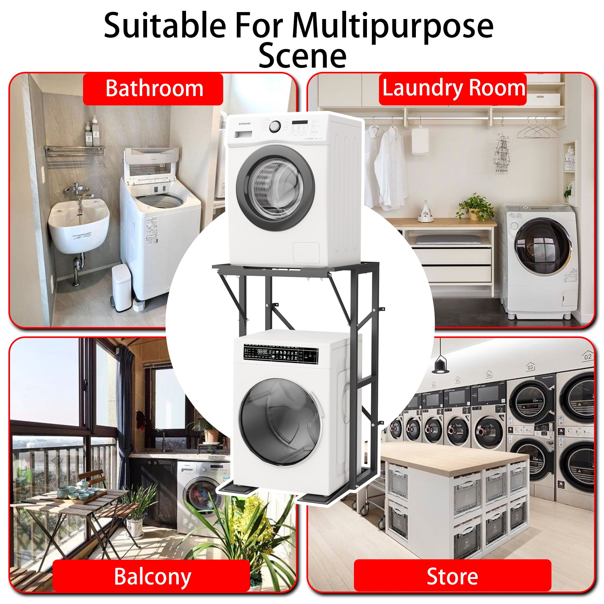 Universal Washer Dryer Stacking Stand, Heavy Duty Steel Washer Dryer Stacking Kit with Anti-Tip Brackets & Non-Slip Pads, Space Saving Laundry Appliance Stand