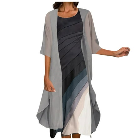 Fsqjgq Summer Dress Beach Dress Party Dress Mini Black Dress Women Fashion Elegant Gradient Color Print Cardigan Tank Top Crewneck Dress Two Piece Set Boho Vacation Dresses Striped T Shirt Tank M L