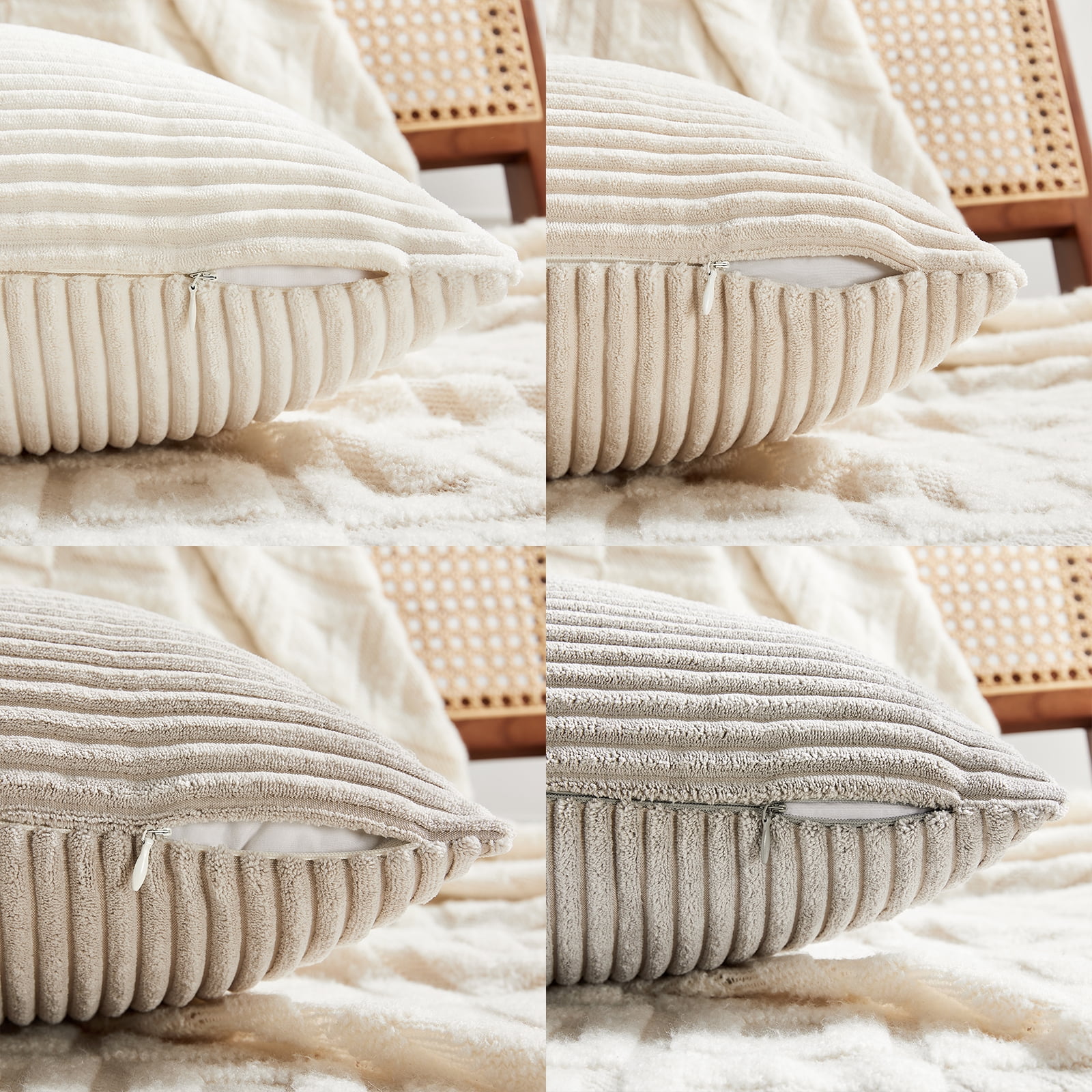 Fancy Homi 4 Pcs Neutral Decorative Throw Pillow Covers 20x20 inch for Living Room Couch Bed Sofa, Rustic Farmhouse Boho Home Decor, Soft Cross Striped Corduroy Patchwork Square Cushion Case 50x50cm